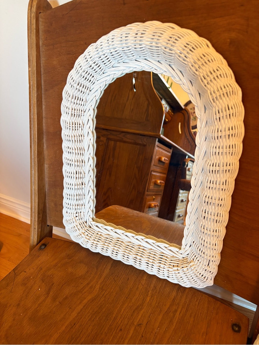 Vintage White Wicker Arch Wall Mirror